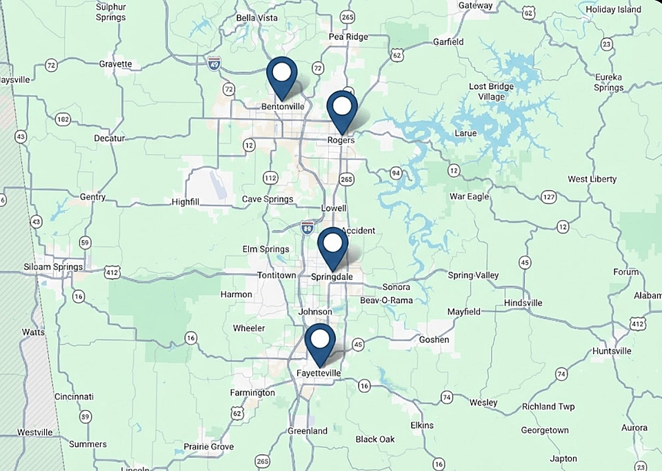 Map of Northwest Arkansas showing service coverage in Bentonville, Rogers, Springdale, and Fayetteville